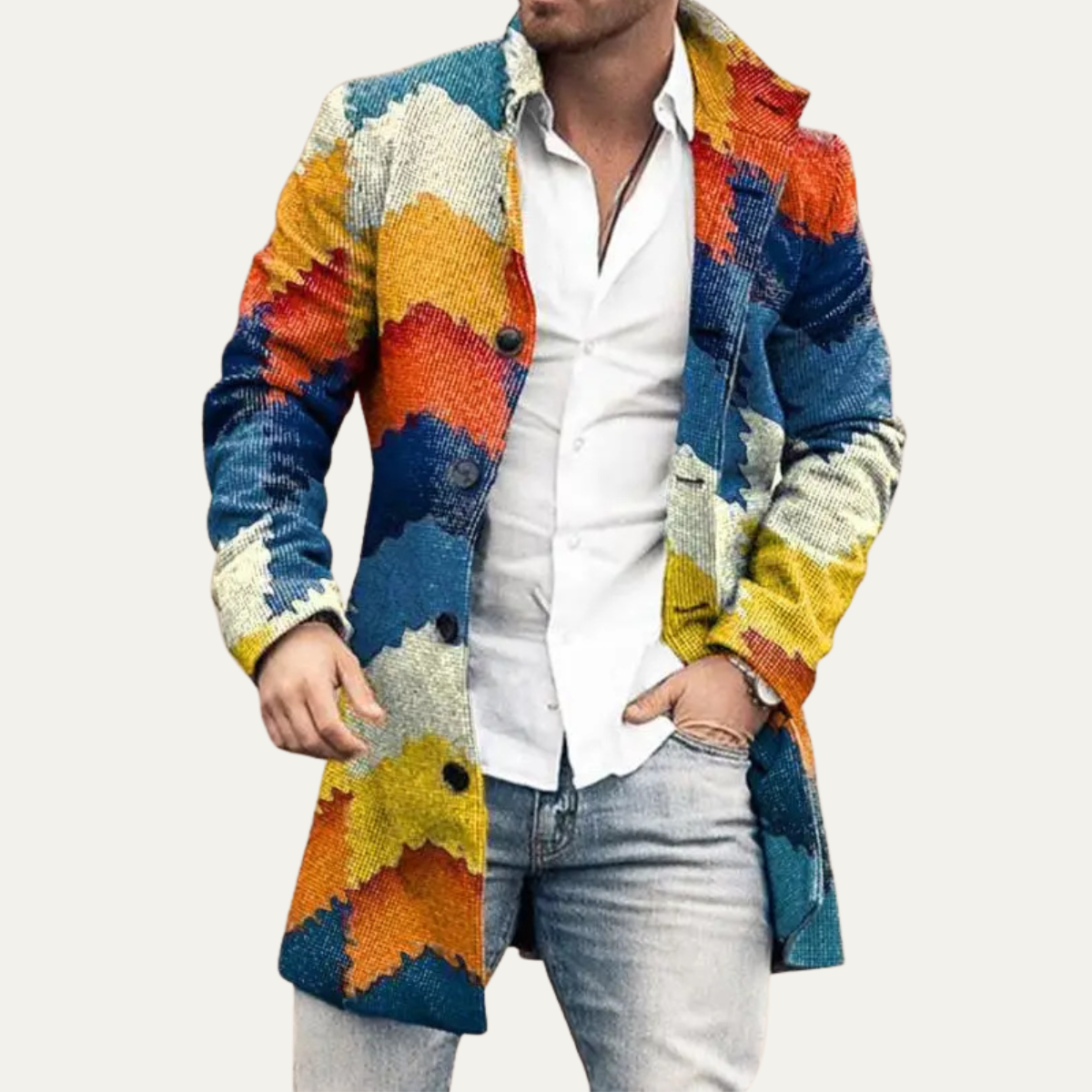 Men's Patchwork Geometric Long Jacket with Pockets