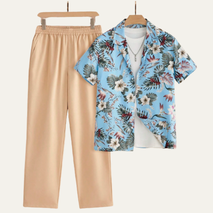 Men's Textured Button Up Casual Shirt And Pants Set