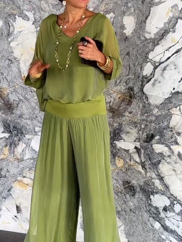 Women's V-Neck Jumpsuit Wide Leg Batwing Sleeve Olive - Vonnera