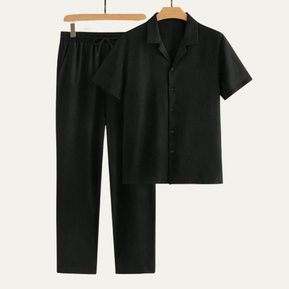 Men's Textured Button Up Casual Shirt And Pants Set