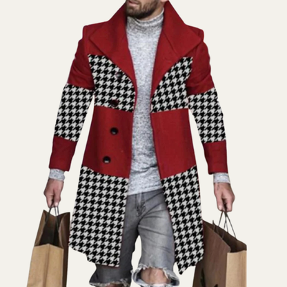 Men's Patchwork Geometric Long Jacket with Pockets