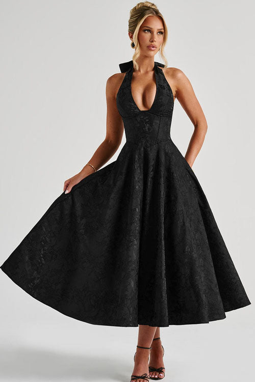 Women's V-Neck Halterneck Maxi Dress Jacquard Sleeveless