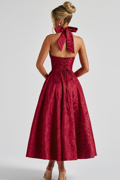 Women's Midi Flared Halter Dress Structured Fit