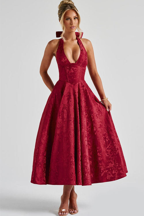 Women's Midi Flared Halter Dress Structured Fit