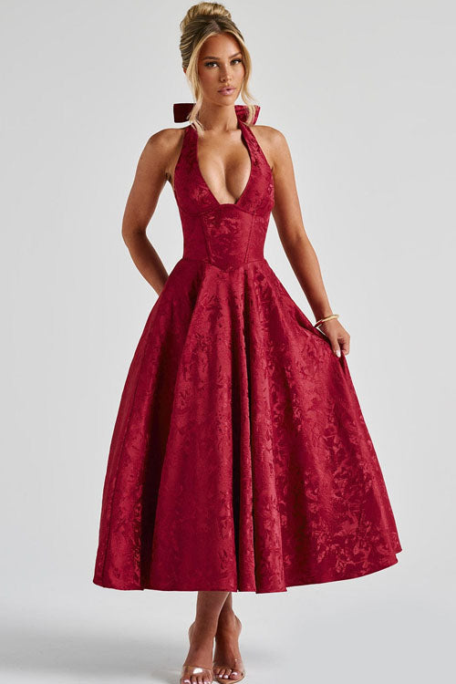 Women's V-Neck Halterneck Maxi Dress Jacquard Sleeveless