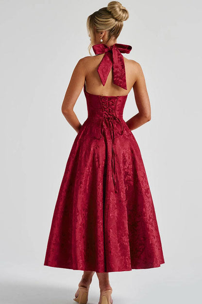 Women's V-Neck Halterneck Maxi Dress Jacquard Sleeveless