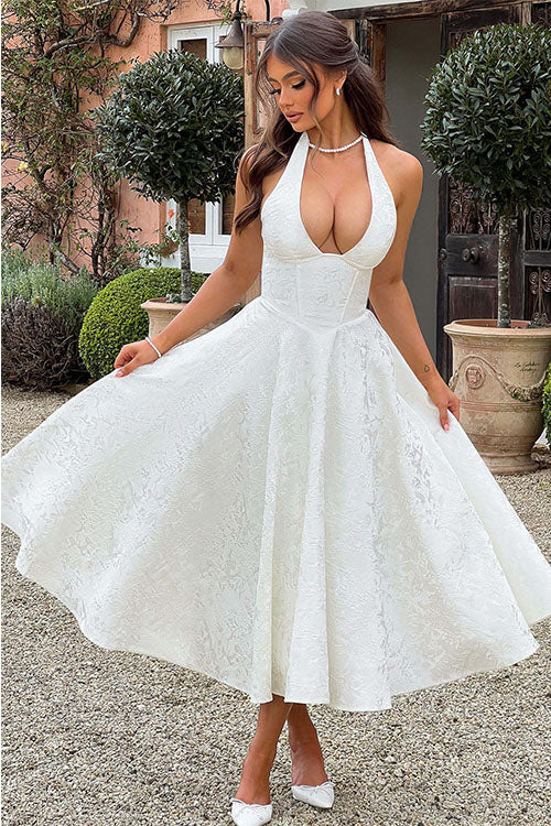 Women's Midi Flared Halter Dress Structured Fit