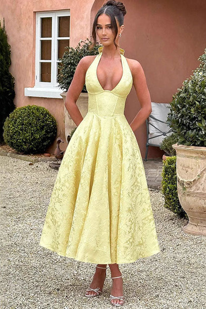 Women's Midi Flared Halter Dress Structured Fit