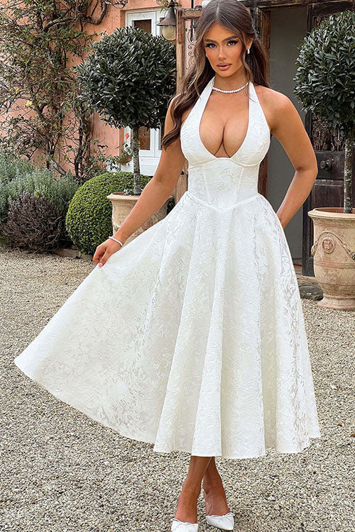 Women's V-Neck Halterneck Maxi Dress Jacquard Sleeveless