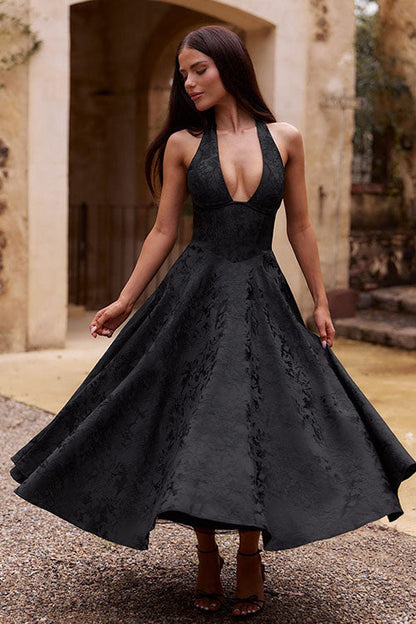Women's V-Neck Halterneck Maxi Dress Jacquard Sleeveless