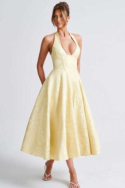Women's V-Neck Halterneck Maxi Dress Jacquard Sleeveless