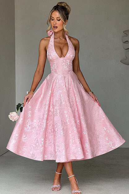 Genevieve™ | V-Neck Halterneck Sleeveless Jacquard Maxi Dress