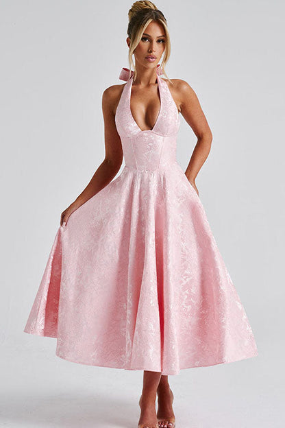 Women's Midi Flared Halter Dress Structured Fit