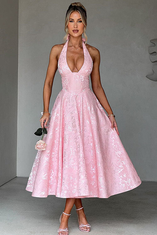 Women's V-Neck Halterneck Maxi Dress Jacquard Sleeveless