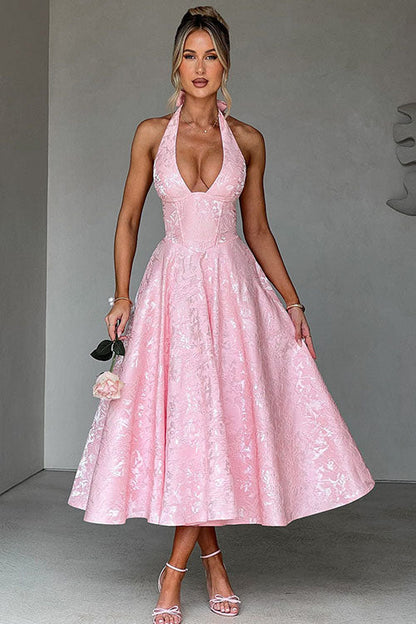 Women's V-Neck Halterneck Maxi Dress Jacquard Sleeveless
