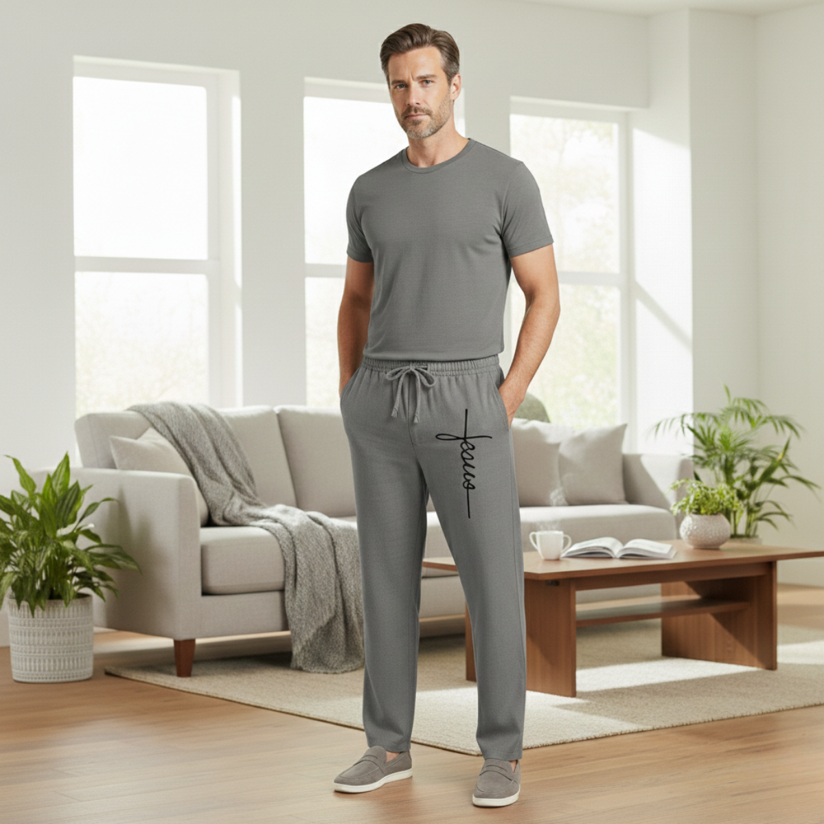 Men's Linen Drawstring Pants Relaxed Fit Beige