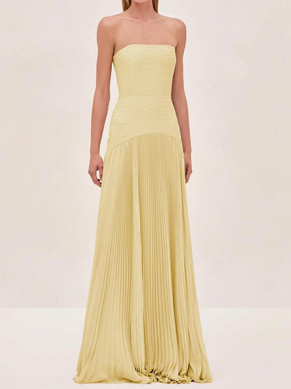 Women's Strapless Maxi Dress Formal Pleated Evening Gown