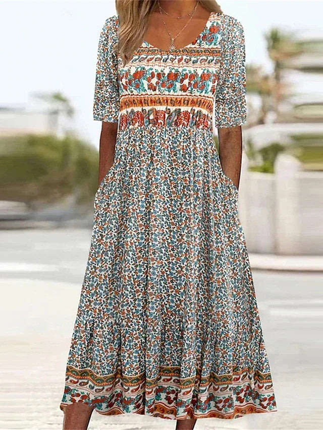 Women's Bohemian Print Dress Round Neckline - Vonnera