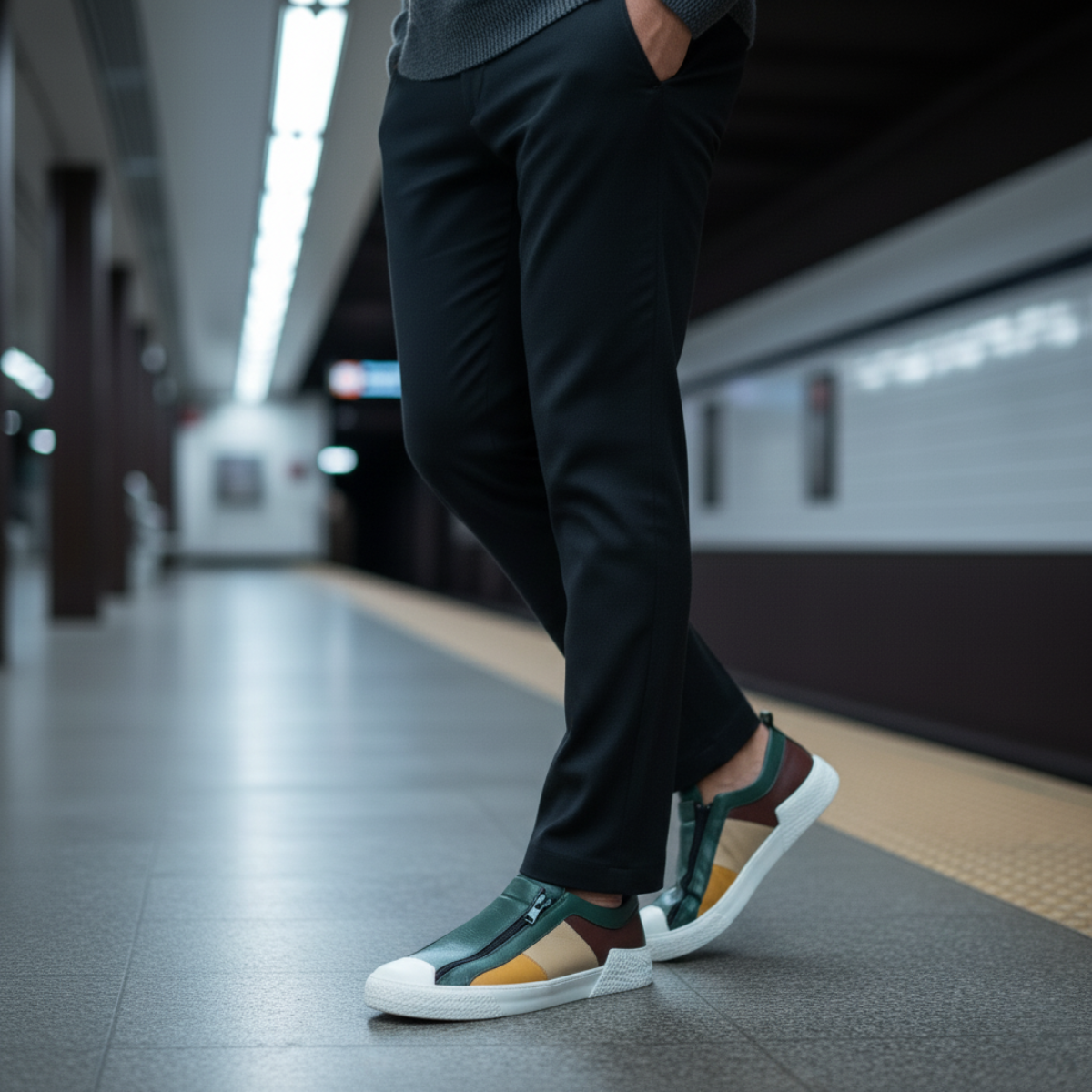Men's Leather Sneakers Zip Up Black
