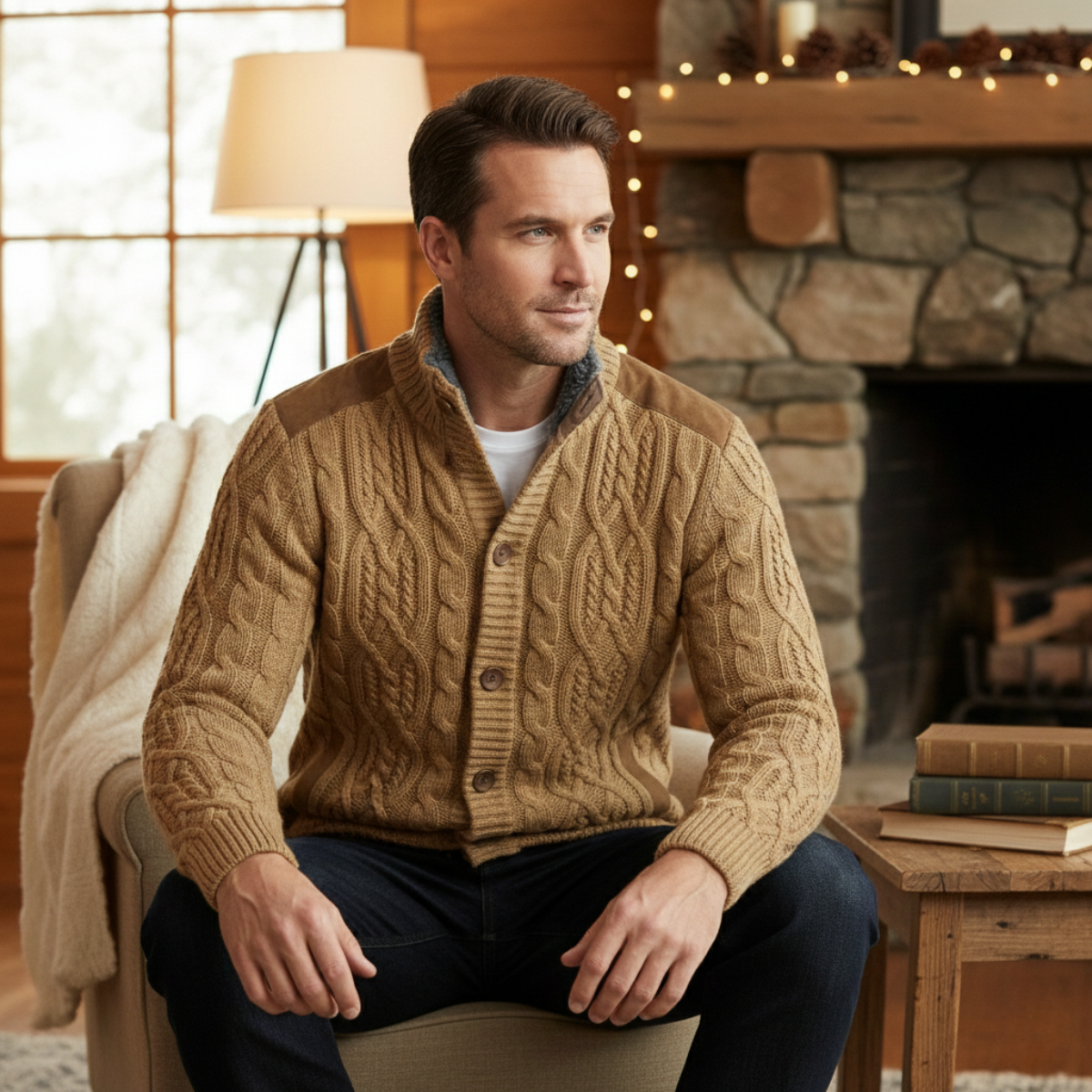 Men's Wool Cardigan Fleece Lined Winter Gray