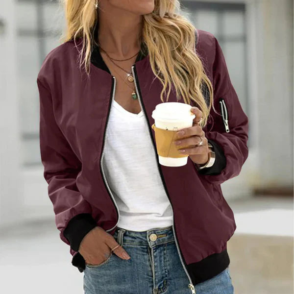 Women's Zip-Up Bomber Jacket Utility Sleeve Pocket