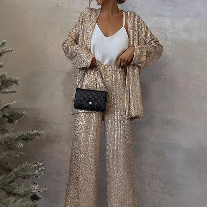 Women's Sequin Two-Piece Set High-Waisted Pants