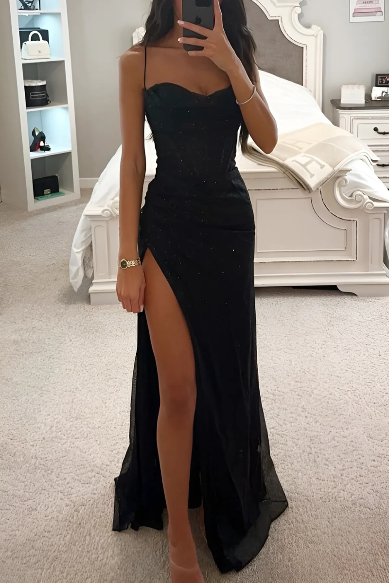 Women's Spaghetti Strap Evening Dress High Split Floor Length - Vonnera