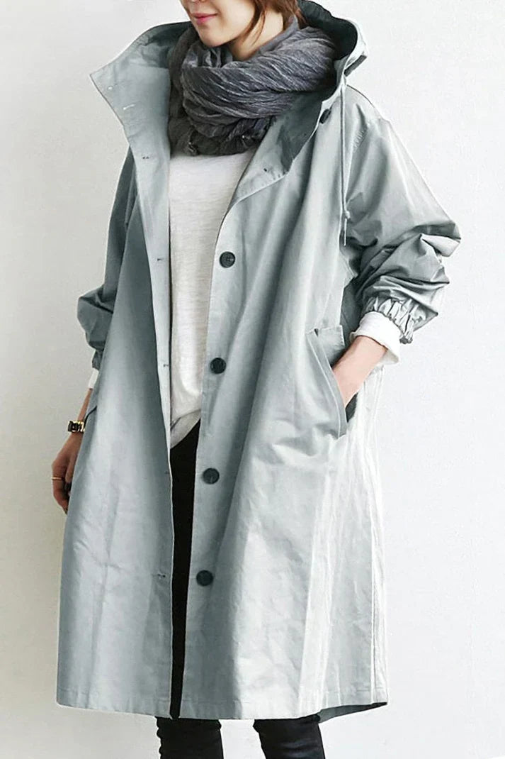 Women's Hooded Trench Coat Oversized Cotton Button Up Beige - Vonnera