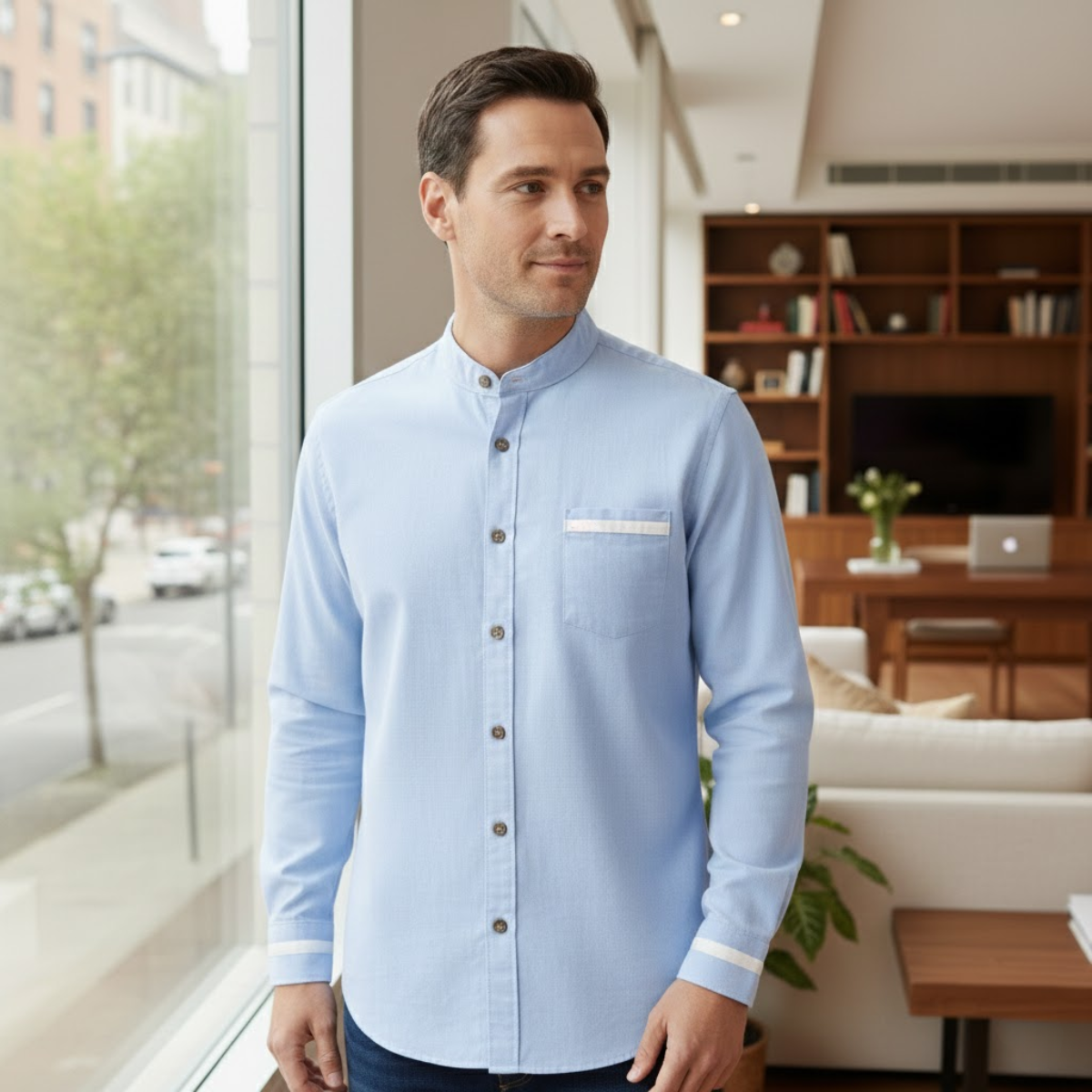 Men's Business Button Up Shirt Standing Collar Silverhaven Ridge