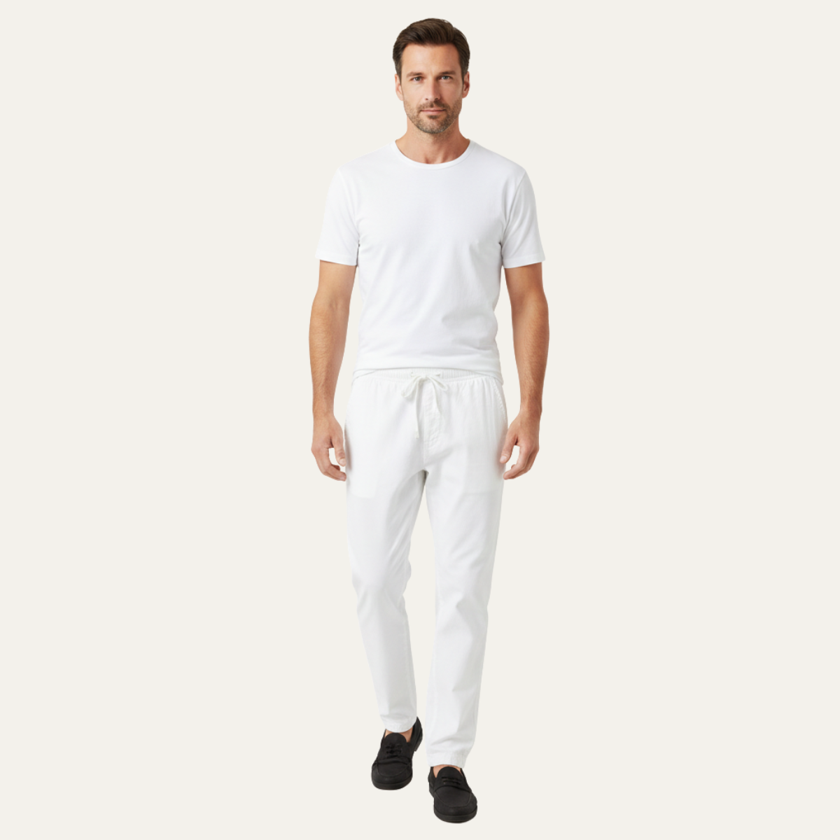 Mens Cotton Linen Drawstring Pants Loose Fit Beige