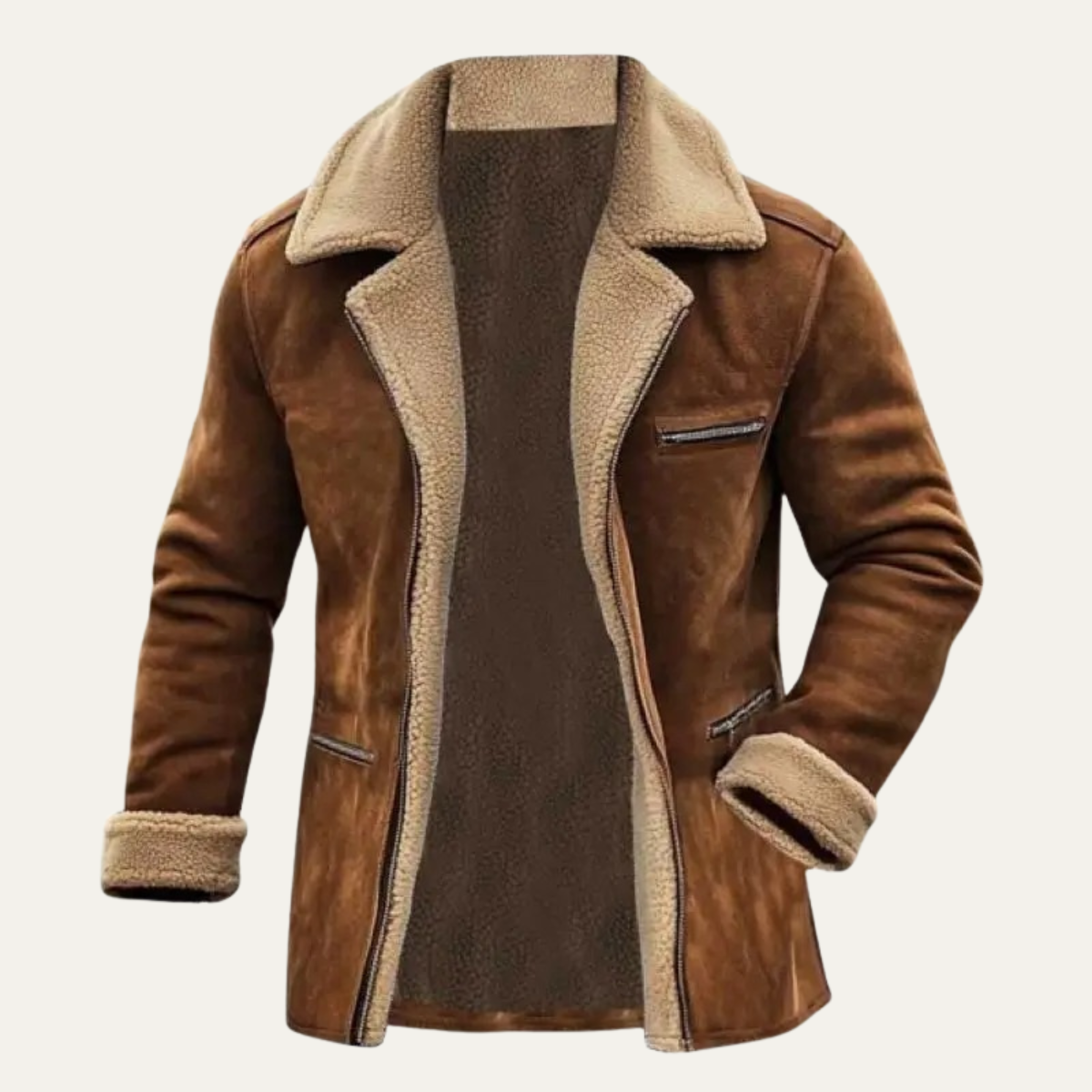 Men's Suede Shearling Jacket Zipper Pockets
