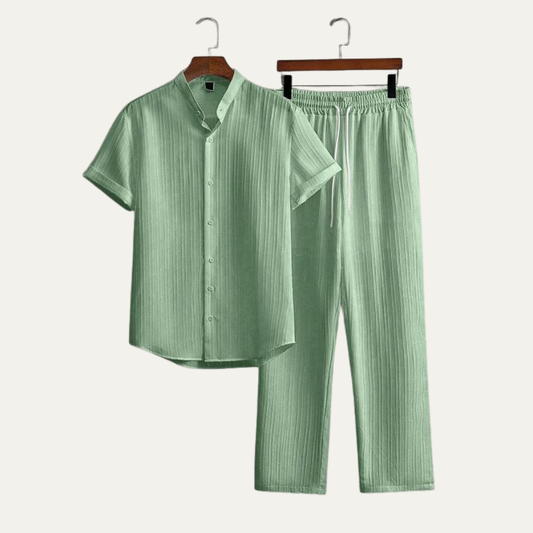Men's Linen Summer Set Shirt Pants Lightweight Beige - Vonnera