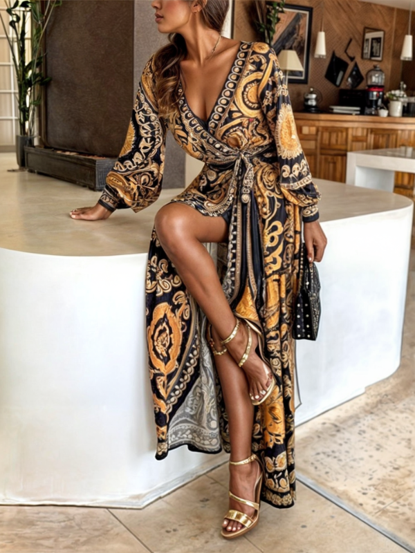 Women's Bohemian Maxi Dress Golden Print High Slit - Vonnera