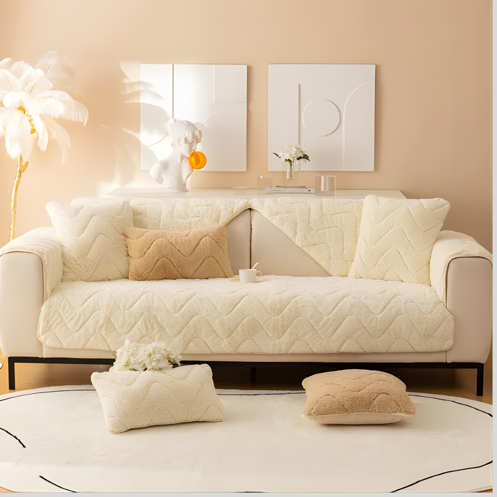 Faux Fur Sectional Sofa Cover Soft Plush Beige