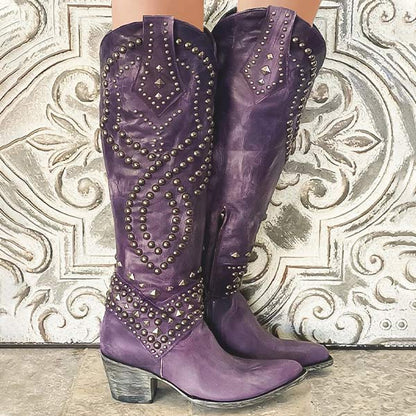 Women's Knee High Cowboy Boots Rivet Detail Chunky Heel Side Zip