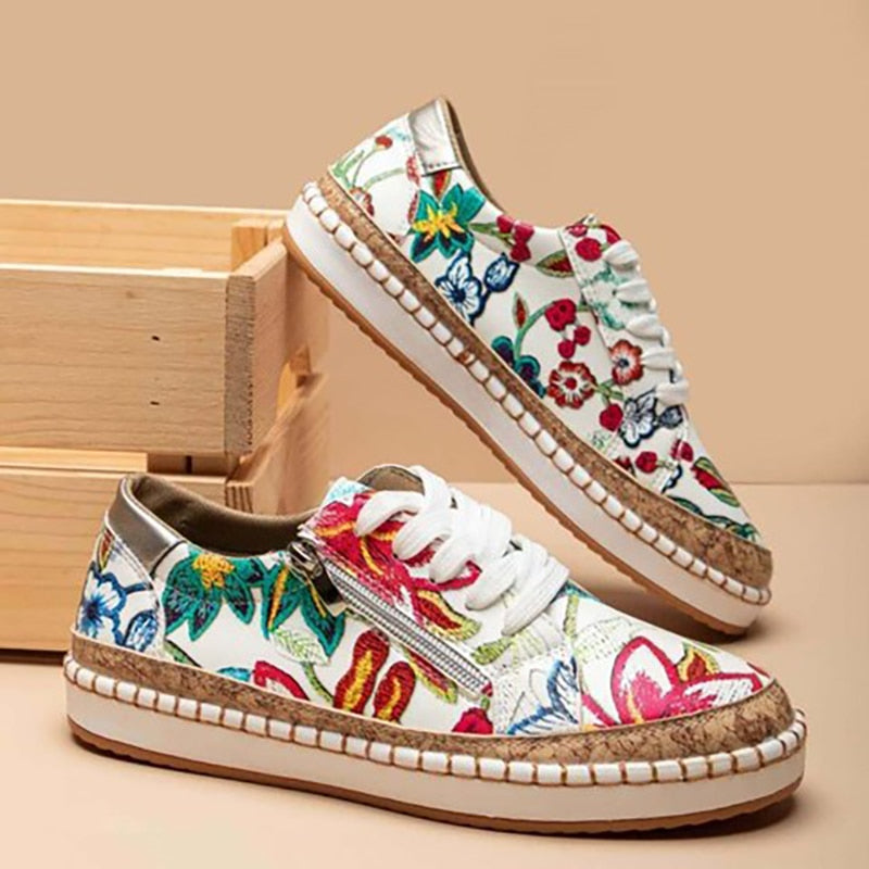 Women's Floral Lace Up Sneakers Zip Closure - Vonnera