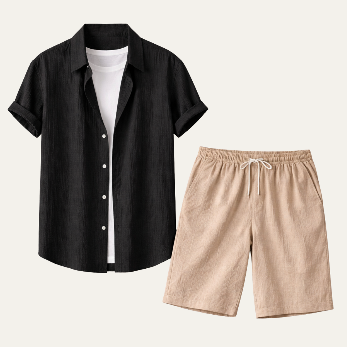 Men's Summer Co Ord Set Button Up Shirt Drawstring Shorts - Vonnera