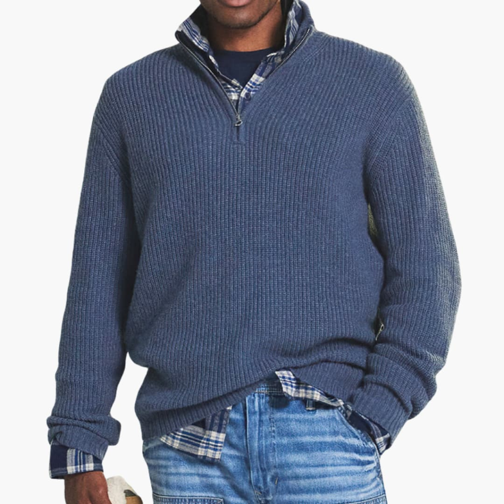 Men's Ribbed Knit Pullover Sweater Half-Zip