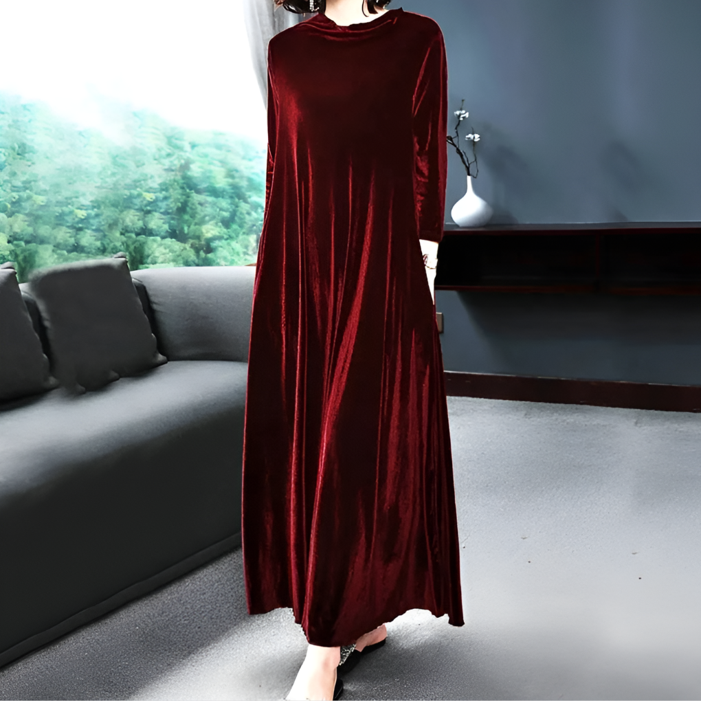 Women's Velvet Long Sleeve Dress Wine Red - Vonnera