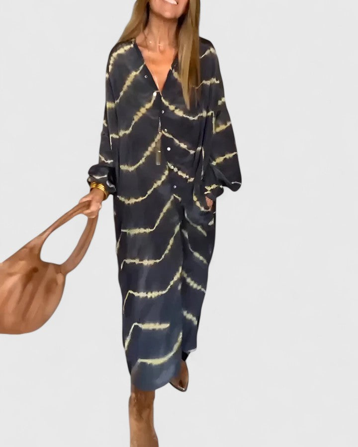 Women's Midi Shirt Dress Tie-Dye Print Cotton Button-Down