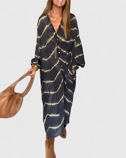 Women's Midi Shirt Dress Tie-Dye Print Cotton Button-Down