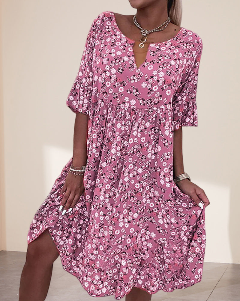 Women's Floral V-Neck Short Sleeve Midi Dress - Vonnera
