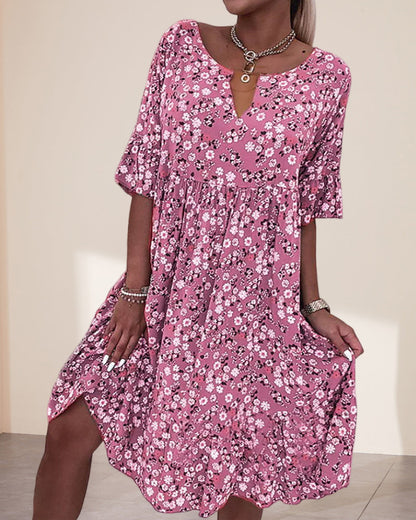 Women's Floral V-Neck Short Sleeve Midi Dress - Vonnera