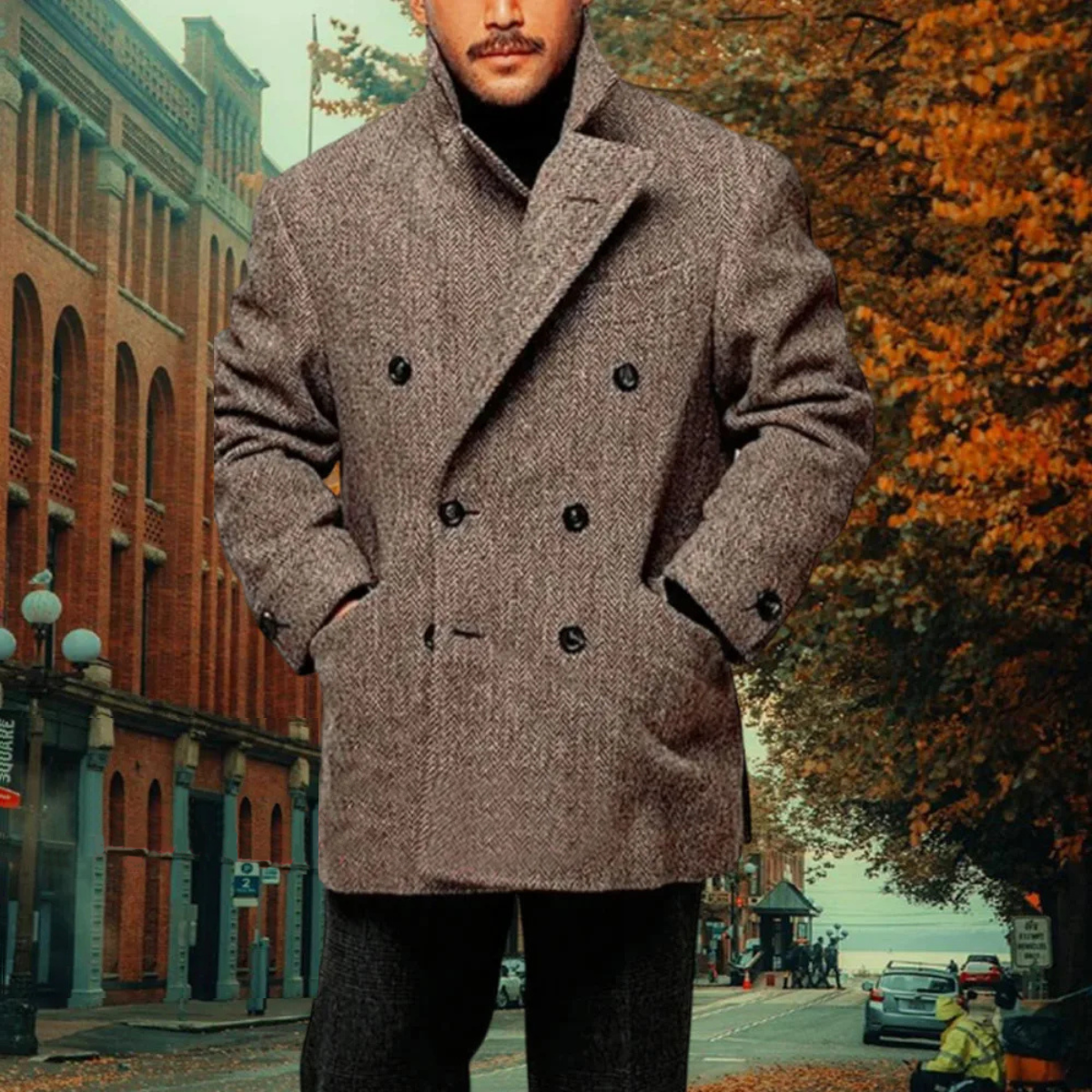 Men's Tweed Blazer Wool Blend Double Breasted Brown