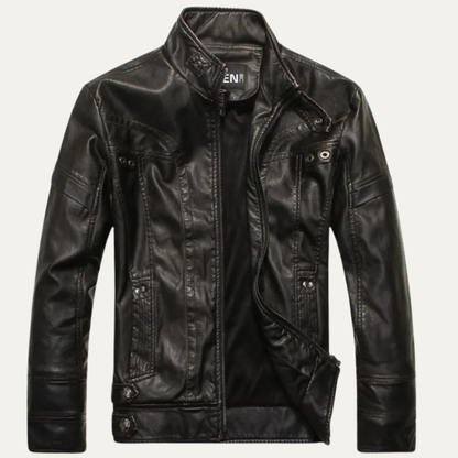 Men's Leather Biker Jacket Classic Zip Up Black