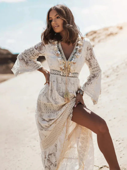 Women's Bohemian Maxi Dress Lace Flared Sleeves