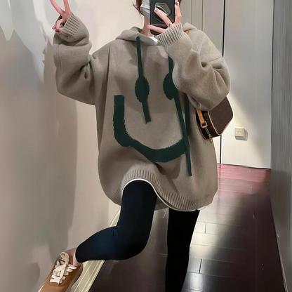 Women's Plus Size Knitted Hoodie Smiley Face - Vonnera
