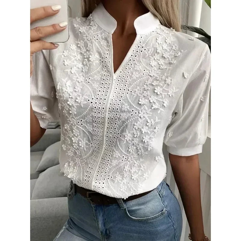 Women's Embroidered V-Neck Blouse White