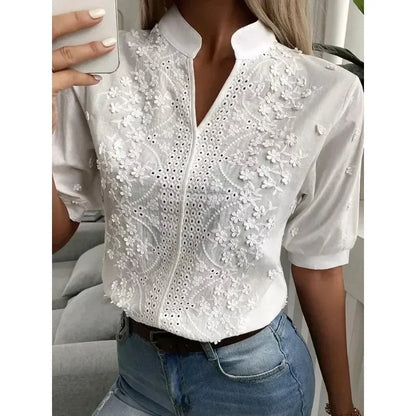 Women's Embroidered V-Neck Blouse White