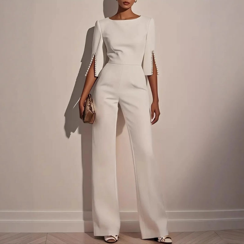 Women's Wide Leg Jumpsuit Pearl Detail Split Sleeve Lightweight - Vonnera